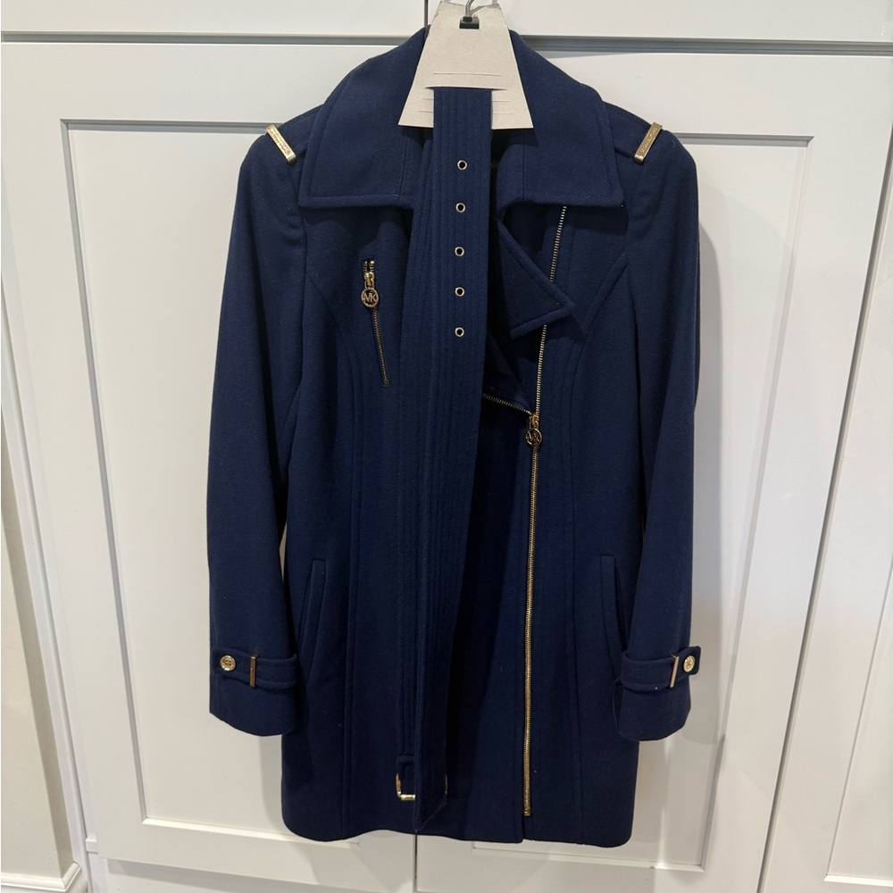 Michael Kors Navy Pea Coat with Gold Accents